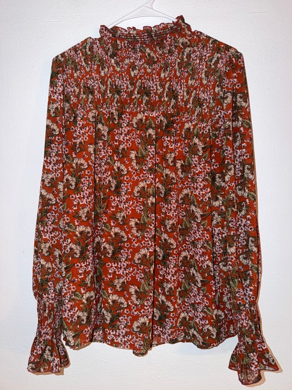 Rust Orange Green Floral Ruffle Mock Neck Vintage Inspired Boho Fall Top Large